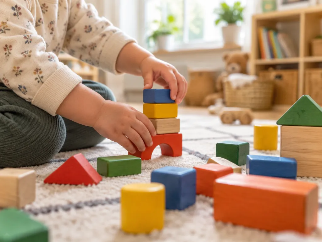 Little hands stacking colorful wooden blocks