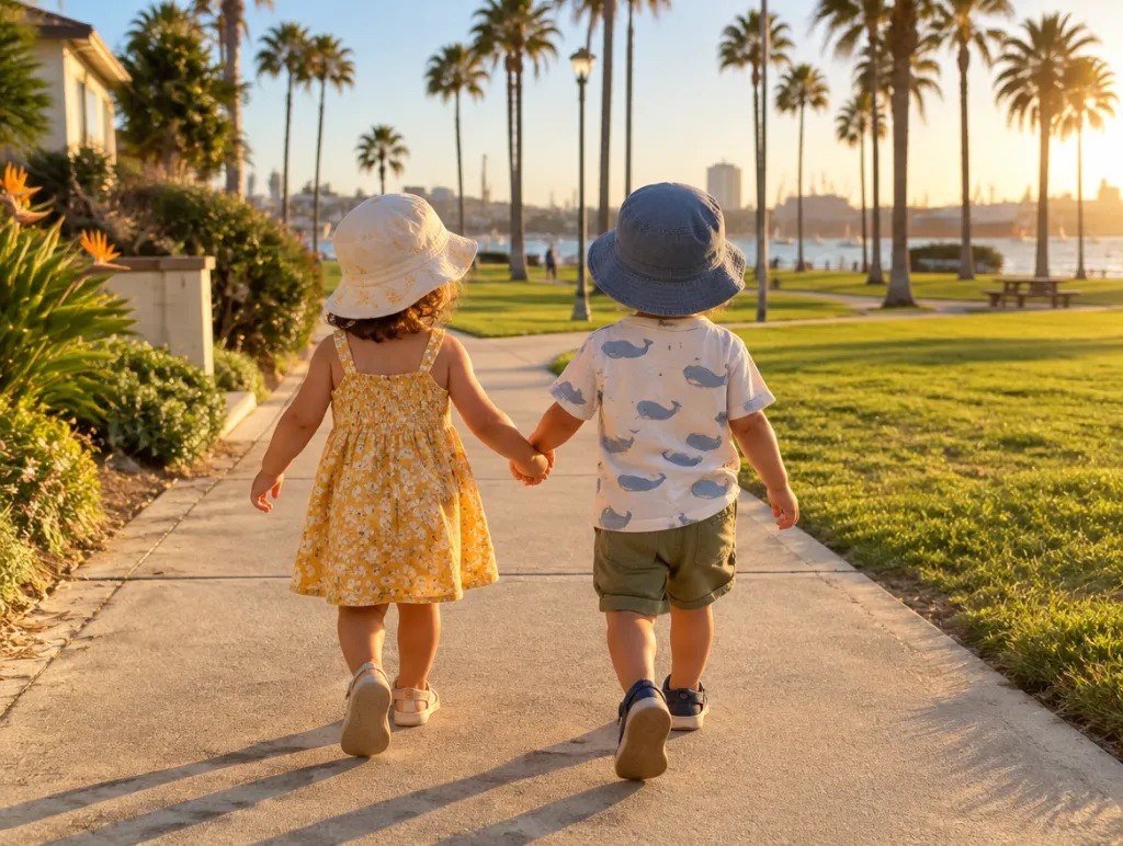 Two toddlers holding hands on a park walk, seen from behind