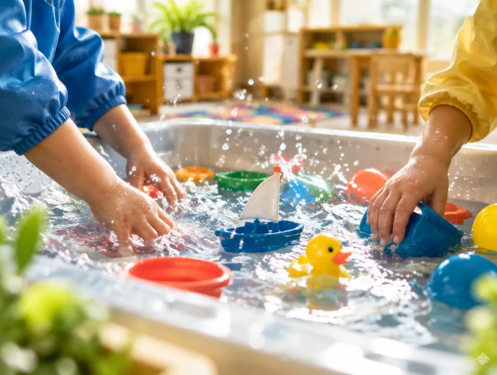 Little hands splashing at a water play table