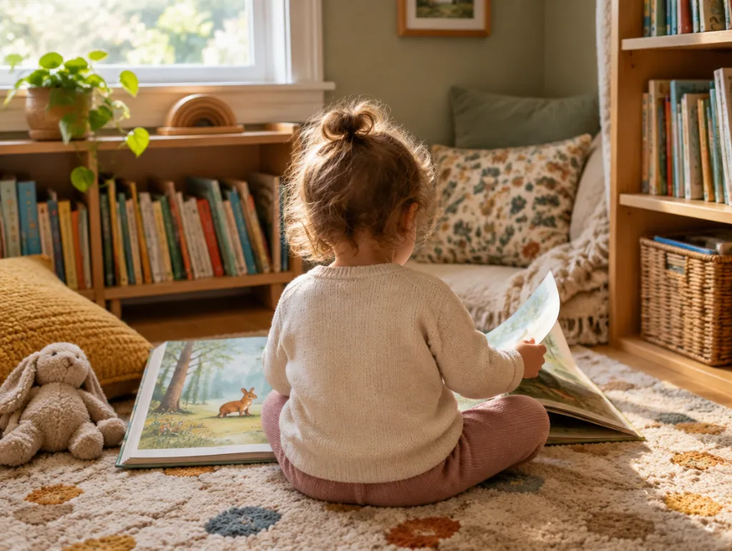A toddler reading picture books in a cozy reading nook, seen from behind