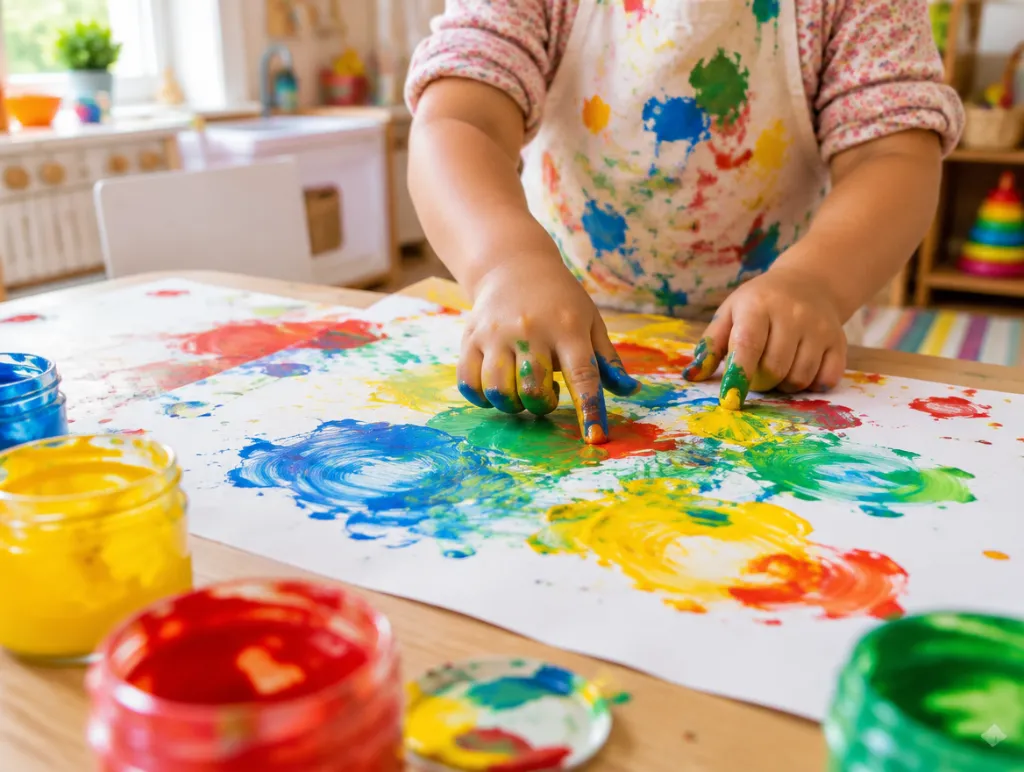 Small hands finger painting with bright colors