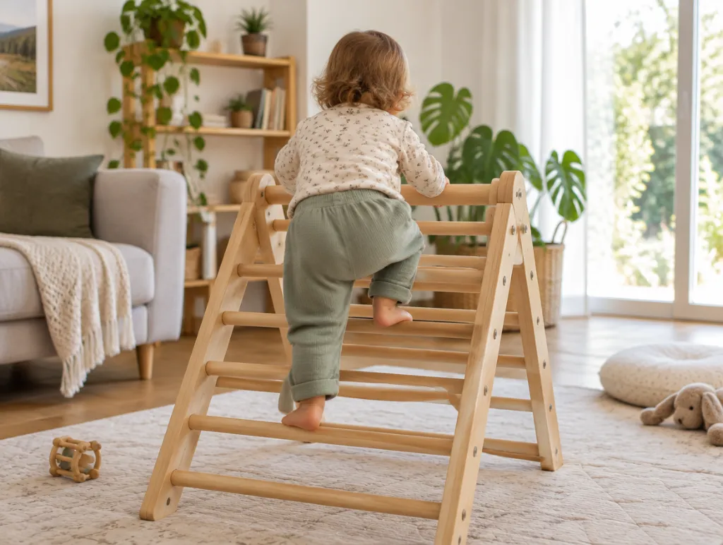 A wooden Pikler climbing triangle ready for play