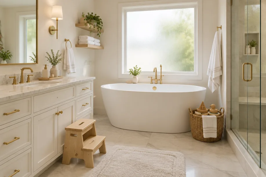 A child-friendly bathroom with a step stool and potty seat